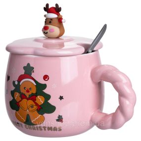 Новогодняя фарфоровая чашка "Зимняя Сказка" с крышкой 400 мл Yiwu FM-CS-20B