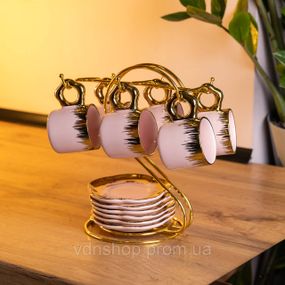 Набор чашек для кофе на металлической подставке 6 (шт) по 100 (мл) подарочный кофейный сервиз набор чашек Розовый с золотом FM-48