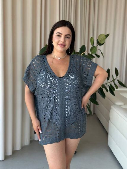Пляжна коротка сіра туніка PLUS SIZE тоненька в'язка | Зображення 7