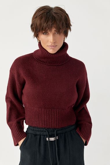 В'язаний короткий светр з високою горловиною - бордо цвет, S (є розміри) | Зображення 1