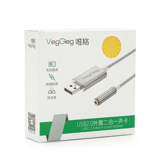 Перехідник для навушників VegGieg V-K202 USB2.0(M)-Jack3.5(F), Silver | Зображення 1