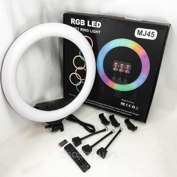 Кольцевая LED лампа RGB MJ45, 45 см, 5500 лм, 3 держателя, пульт, адаптер, 6500K | Зображення 2