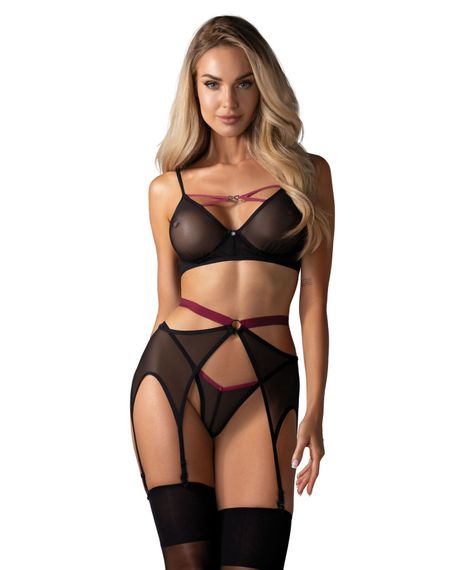 Комплект Obsessive Novenes 3-pcs set, M/L, прозорий ліф на кісточках, стрінги, пояс