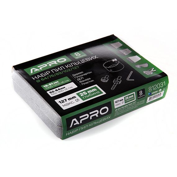 Набор кольцевых пил 8 предметов, глубина 25мм (64/76/89/102/127) APRO | Зображення 1