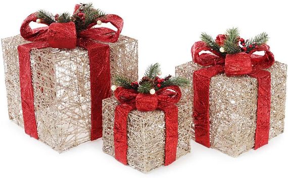 Набір декоративних подарунків - 3 коробки 15х20см, 20х25см, 25х30см з LED-підсвіткою, шампань з червоними бантами КОПІЯ