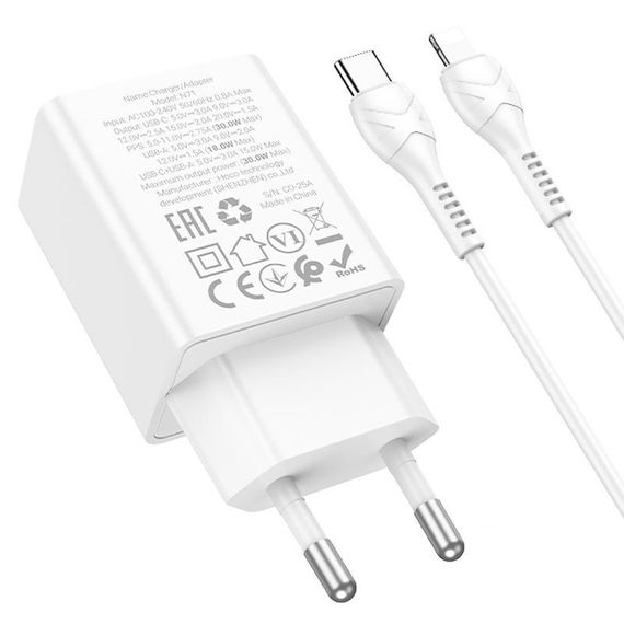 СЗУ Hoco N71 Nuevo PD30W+QC3.0 (1USB-A/1C) + кабель Type-C to Lightning White | Зображення 2