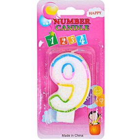 Свечка-цифра в торт "9" 10-118, цветная с блёстками 6см, на блистере