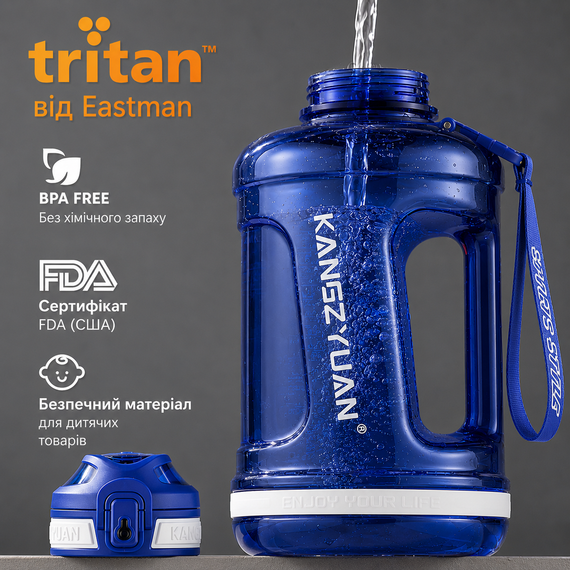 Эко-бутылка KANGZYUAN 1500 мл (1.5 л) - Синяя Tritan BPA-free, ударопрочная, спортивная с ручкой и ремешком | Зображення 1