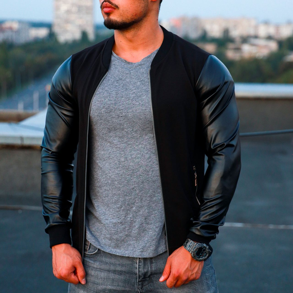 Бомбер Кож рукав чёрный S | Зображення 2