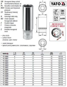 Головка 6-гранная длинная 3/8" М19х63 мм Польша YATO YT-3833
