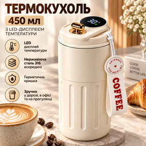 Термокухоль 450 мл кремовий з LED-дисплеєм температури, внутрішня колба з нержавіючої сталі 316