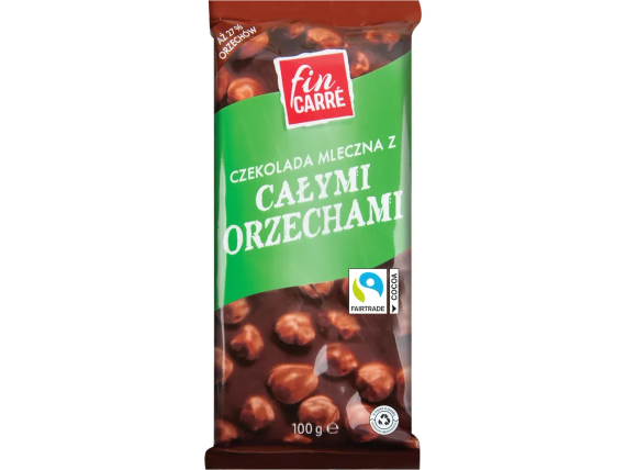 Шоколад молочний Fin Carre з цілісним лісовим горіхом (фундук), 100 г, (27% горіхів)