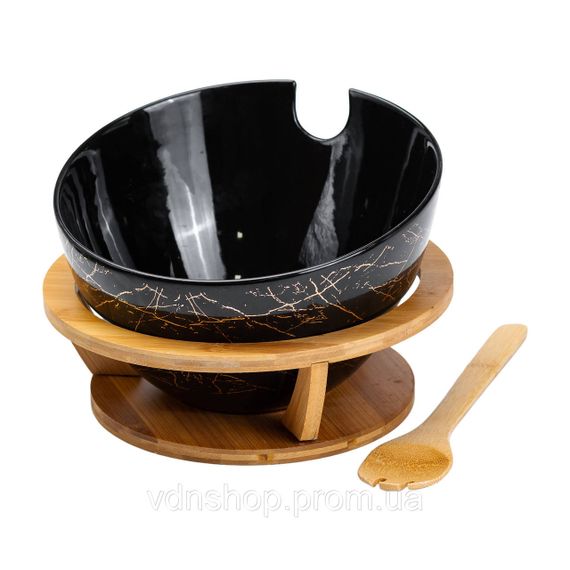 Салатниця на бамбуковій підставці з ложкою Ø 25 см чорна HP1245 | Зображення 1