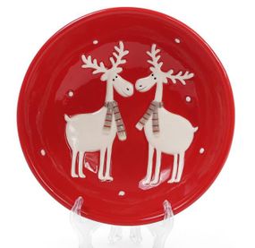 Набір 4 керамічні піали "Олені в шарфиках на червоному" 350мл