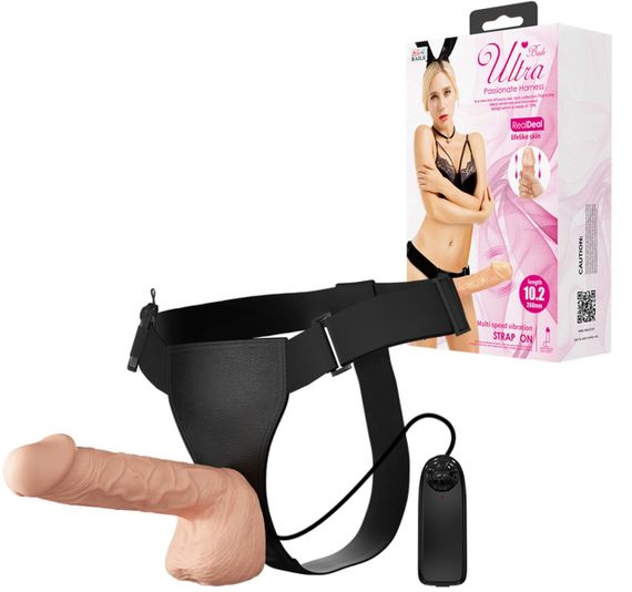 Страпон з великим фалоімітатором (довжина 26 см, діаметр 5,5 см) та вібрацією Ultra Passionate Harness - Strap On RealDeal 10.2", | Зображення 1