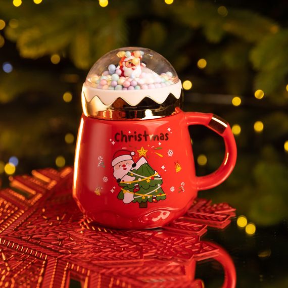 Чашка фарфоровая с крышкой Christmas 400 (мл) Красный Yiwu FM-CS-41D | Зображення 1