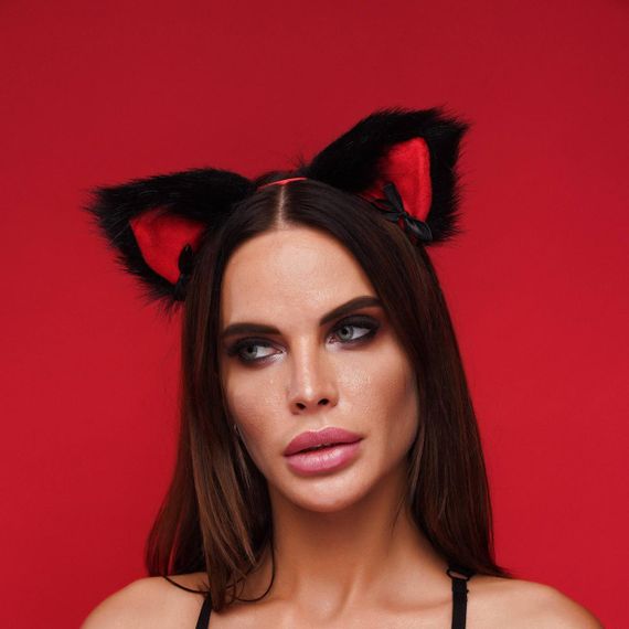 Хутряні вушка кішки з бантиком, Чорні с червоним OKOVA, Чорний Sex Aura