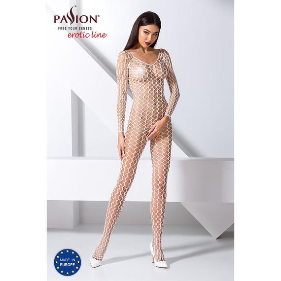 Бодістокінг Passion BS068 white, комбінезон, велика сітка, довгий рукав, S/M/L | Зображення 1