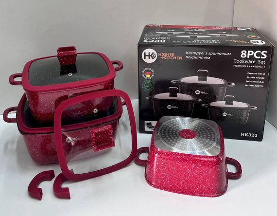 Набір квадратних каструль із силіконовими кришками Higher Kitchen HK-323 Червоний | Зображення 1