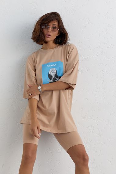 Костюм с футболкой oversize и велосипедками - кофейный цвет, L (есть размеры) | Зображення 2