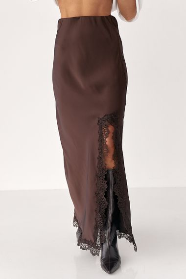 Сатинова довга спідниця з розрізом - коричневий цвет, L (є розміри)