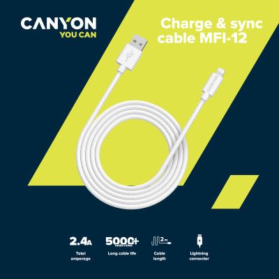 Дата кабель USB 2.0 AM to Lightning 1.0m MFI white Canyon (CNS-MFIC12W) | Зображення 2
