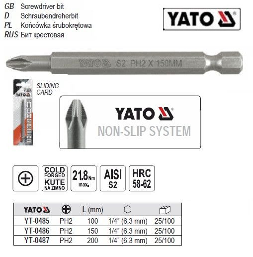 Насадка отвертки бита YATO Польша РН2 1/4" l=100 мм YT-0485