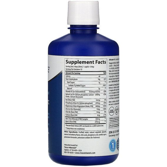 Мультиминеральный комплекс Trace Minerals Liquid Cal/Mag/Zinc, 32 fl oz 946 ml Natural Strawberry Flavor TMR-00230 | Зображення 1