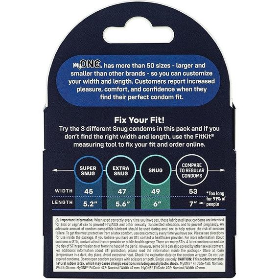Набор латексных презервативов разных размеров My ONE Snug Sampler (цена за упаковку, 3 шт.) sexstyle | Зображення 1