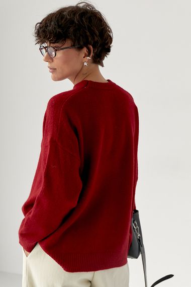 В'язана вільна кофта з декоративним швом - темно-червоний цвет, ONE SIZE (є розміри) | Зображення 1