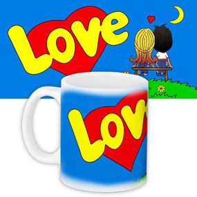 Кружка с принтом Love is... синяя 330 мл (KR_L021)