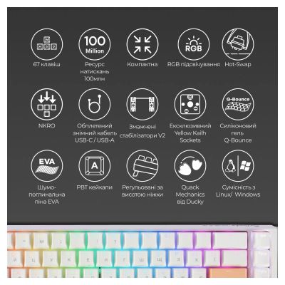 Клавиатура Ducky One 3 SF Cherry MX Brown RGB UA USB White (DKON2167ST-BUAPXPWWWSC1) | Зображення 9