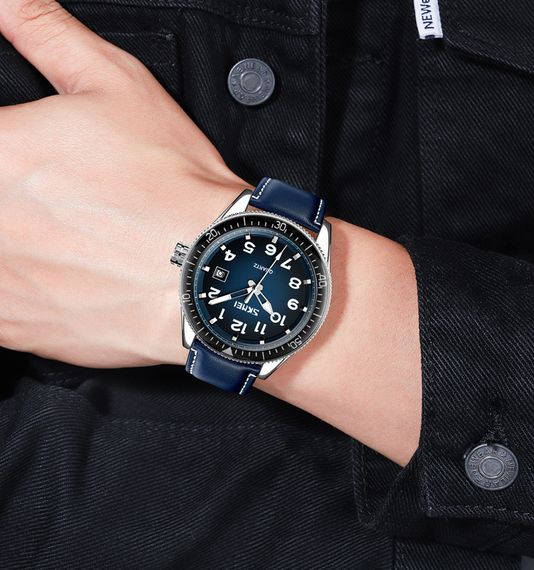 Чоловічий годинник Skmei 9232LSIBU Silver-Blue-Leather Strap | Зображення 2