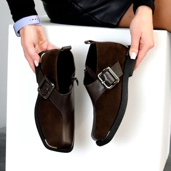 Дизайнерские шоколадные туфли натуральная кожа + замша квадратный носок | Зображення 1