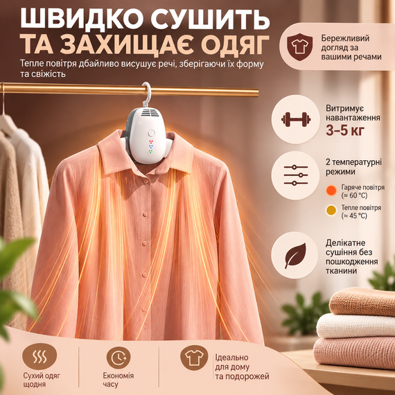 Электрическая сушилка для обуви и одежды 2 в 1 130 Вт портативная складная с PTC нагревом, 2 режимами температуры, тихая | Зображення 3