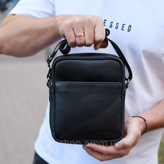 Чоловіча барсетка через плече, зернистая кожа 20х16х6, месенджер для міста, сумка для телефону та документів, чорна | Зображення 7