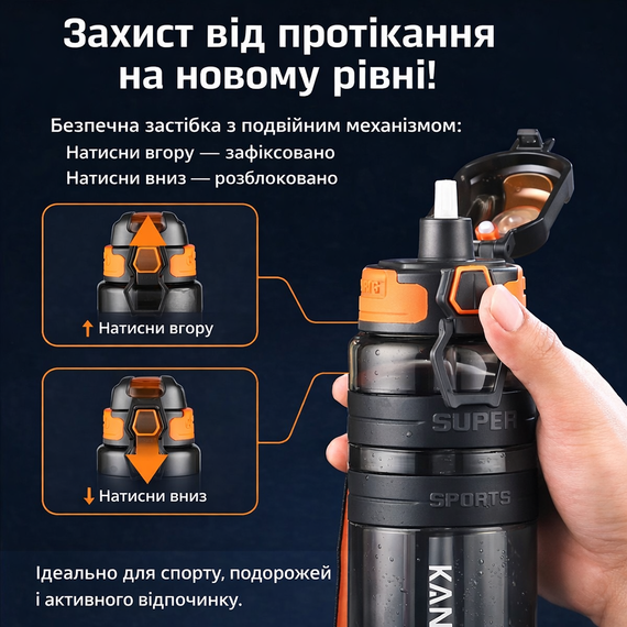 Спортивная бутылка для воды KANGZYUAN 700 мл Черная Тритановая (BPA Free), с клапаном и поилкой | Зображення 2