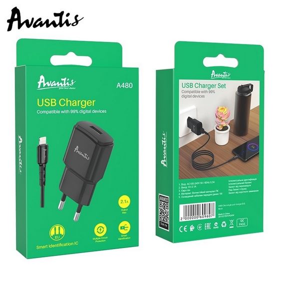 Мережевий зарядний пристрій Avantis A480 Orion (1USB/2.1A) + USB-кабель Lightning-чорний | Зображення 2