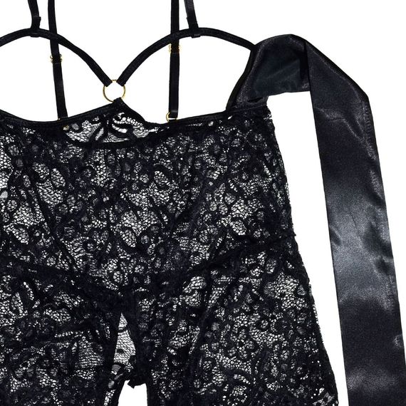 Чорне сексуальне мереживне боді з атласним бантом на грудях (розмір L) | Зображення 5