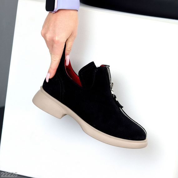 Дизайнерские черные замшевые туфли на молнии, натуральная замша на бежевой подошве | Зображення 3