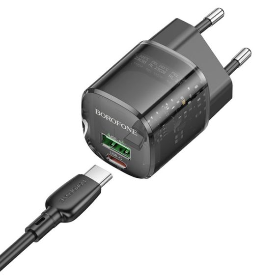 МЗП Borofone BN17 Sunlight PD20W+QC3.0 (1USB-A/1C) + кабель Type-C to Type-C Transparent black | Зображення 2