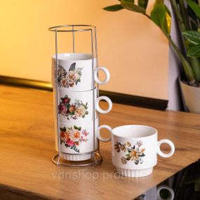 Набор чашек для чая и кофе на металлической подставке Flower 4 (шт) по 300 (мл) подарочный набор фарфоровых чашек FM-7