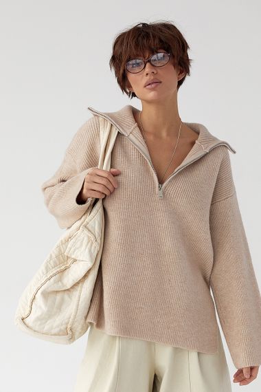 В'язаний светр із високою горловиною на блискавці - бежевий цвет, ONE SIZE (є розміри) | Зображення 4