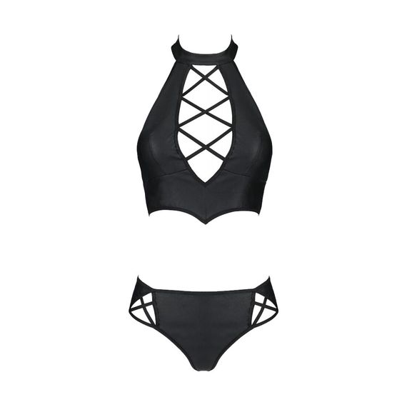 Комплект з екошкіри Passion NANCY BIKINI 6XL/7XL black, бра та трусики з імітацією шнурівки | Зображення 2