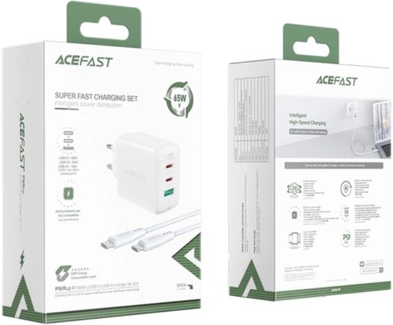Сетевое зарядное устройство Acefast A13 Fast Charger PD 65W 2×Type-C / 1×USB с кабелем Type-C to Type-C - White | Зображення 4