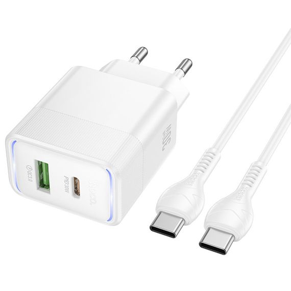 СЗУ Hoco CS112A Lounge PD30W+QC3.0 (1USB-A/1C) + кабель Type-C to Type-C White | Зображення 1