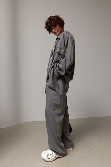 Вільний котоновий костюм із сорочки на кнопках і прямих штанів - сірий цвет, ONE SIZE (є розміри) | Зображення 4