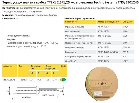 Термоусадочна трубка ТТ2х1 2.5/1.25 жовто-зелена в рулонах 200м Ny95501245 | Зображення 1