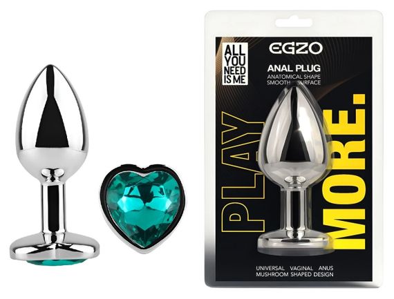 Анальна пробка EGZO Silver Heart Plug Marine M із нержавіючої сталі з кристалом у формі серця Sex Aura