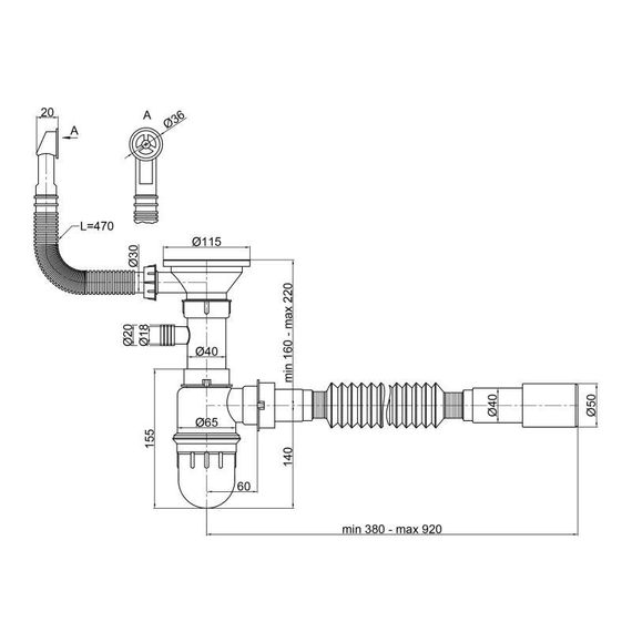Сифон для кухонной мойки Lidz (GRA) 47 01 003 01 с круглым переливом (выход 50/40 мм) | Зображення 1